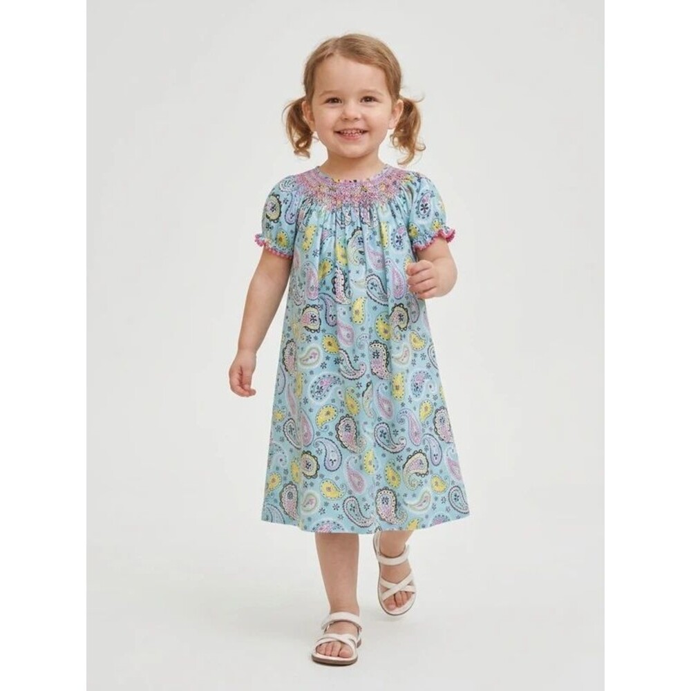 Southern Tots Girls Dress Size 6 Blue Paisley Smocked Corduroy Puff Sleeve